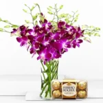 10 purple orchids in a vase with chocolates, perfect gift set in Dubai