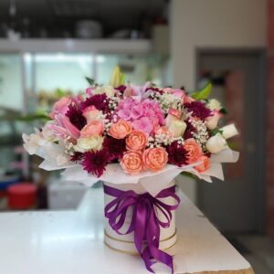 Graceful Beauty Floral Basket with pink hydrangea, gardenia roses, chrysanthemums, and seasonal fillers in Dubai