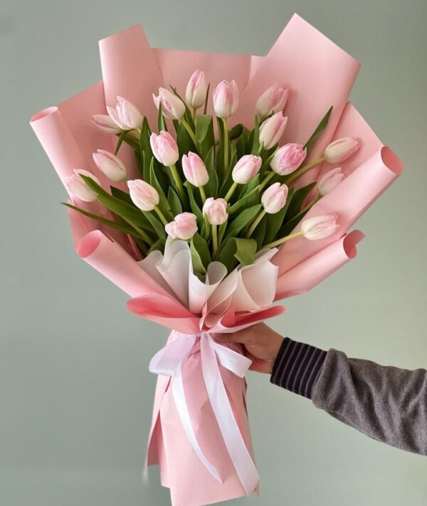 Blushing Pink Tulips - Elegant Bouquet of 20 Pink Tulips Wrapped in Pink Paper | Flower Delivery in Dubai