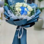 Monsoon Dream – Blue Hydrangea and White Roses Bouquet with Seasonal Filler