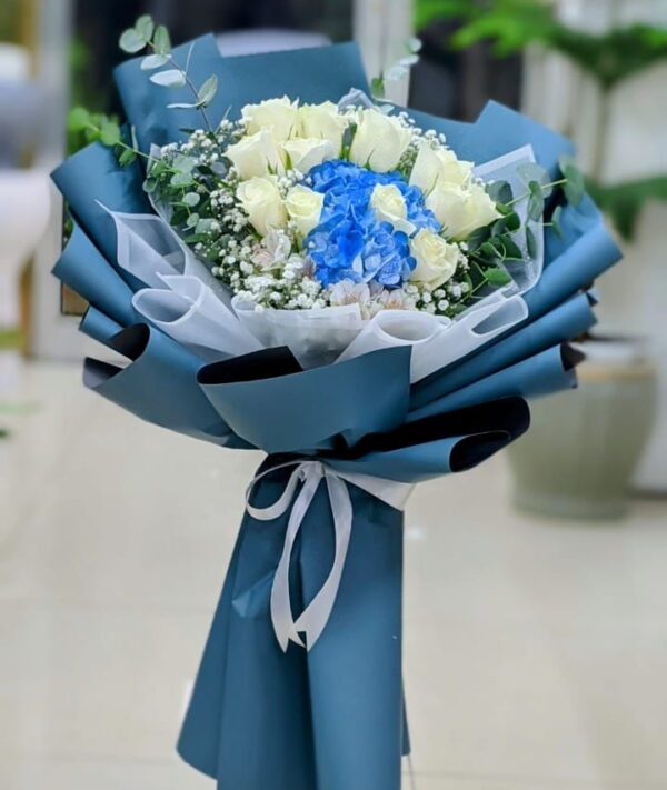 Monsoon Dream – Blue Hydrangea & White Roses Bouquet in Dubai
