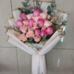 Pink Blushing bouquet with 10 pink roses, 10 fuchsia pink roses, and seasonal fillers - luxury flowers Dubai