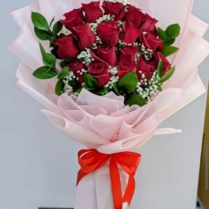 Elegant 5 Red Roses Bouquet Wrapped in Pink Paper with Red Ribbon