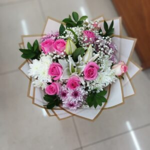 Blooming Love bouquet with pink roses, white lily, and chrysanthemums for Dubai delivery