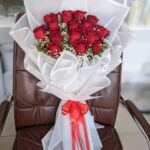 With Love - 15 Red Roses Bouquet with Gypsophila and Seasonal Fillers in Elegant White Wrapping