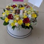 White Box of Love – Red Roses, Yellow and White Chrysanthemums with Ferrero Rocher in a White Box