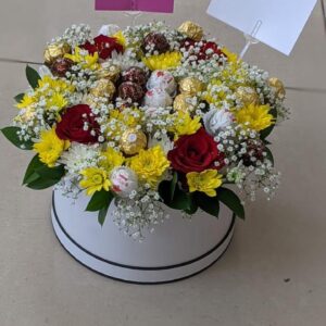 White Box of Love – Red Roses, Yellow and White Chrysanthemums with Ferrero Rocher in a White Box