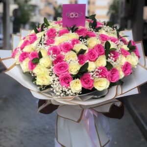 Pretty Pink Roses Bouquet - 50 pink and white roses with gypsophila, seasonal fillers wrapped in white paper